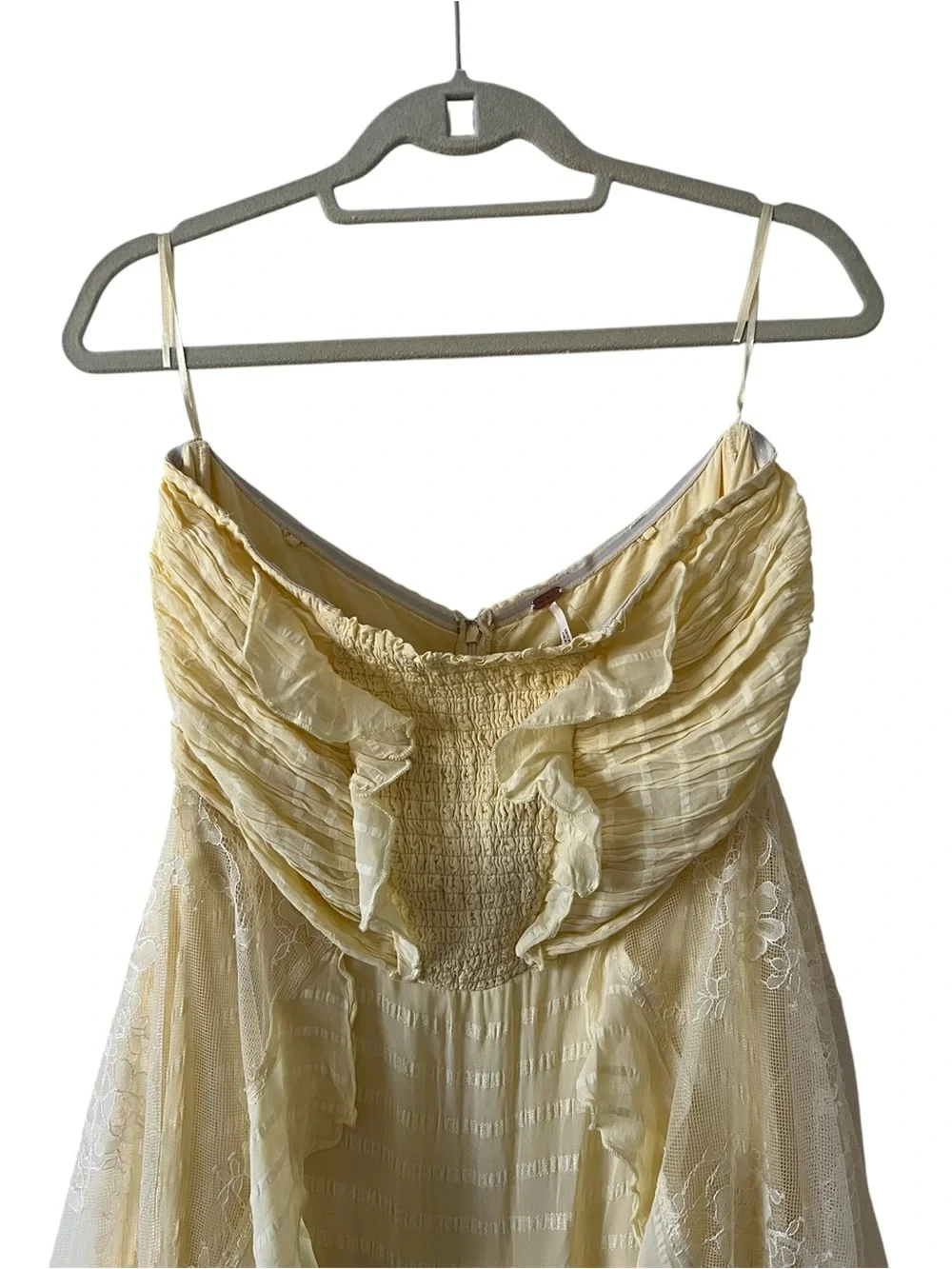 Free People Bliss Lace Kerchief Hem Strapless Maxi Dress Yellow Size Large - Picture 8 of 16